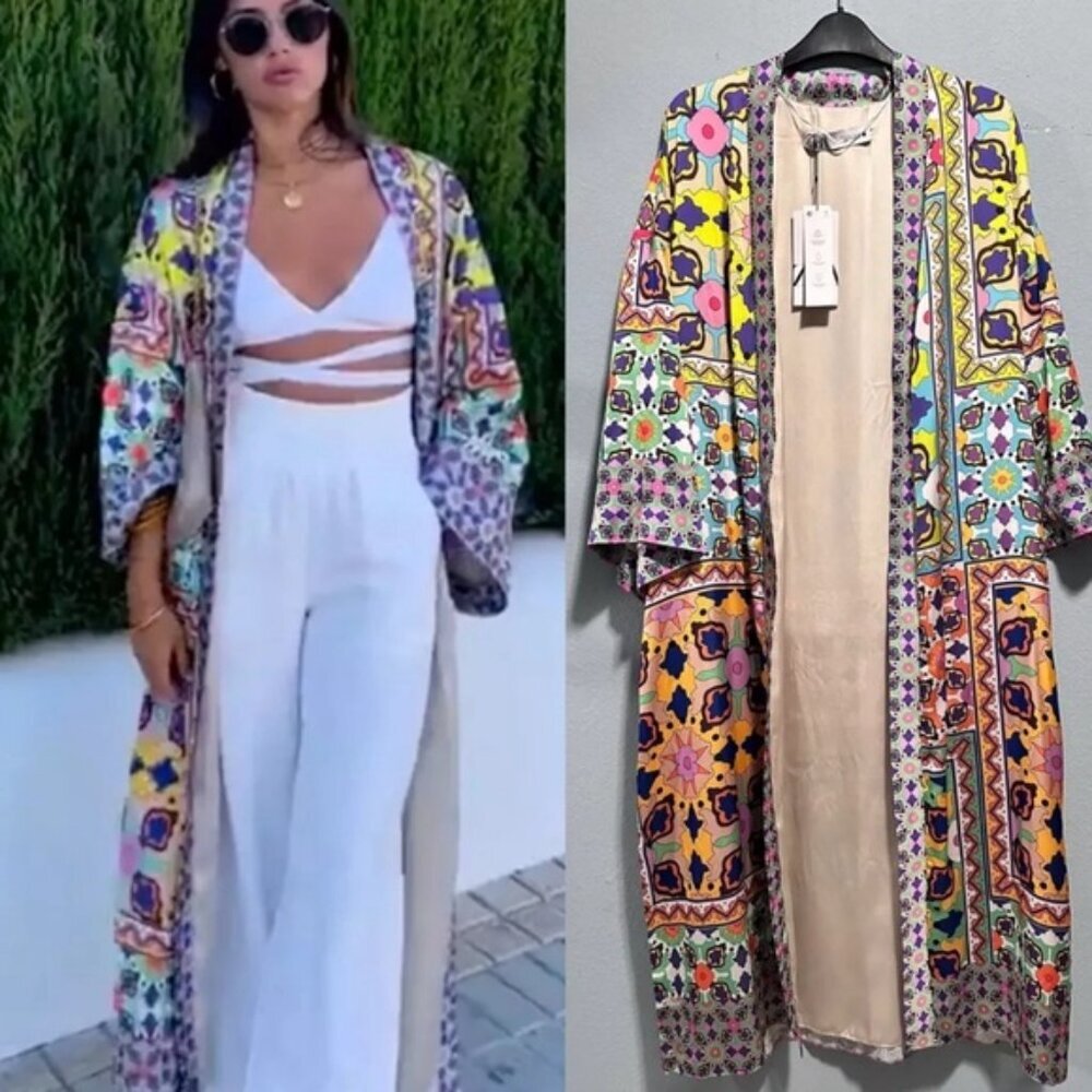 NWT ZARA KIMONO Multicolor Satin Tied Self Belt Slits Oversized 7753/032 Size‎ S - Picture 2 of 13